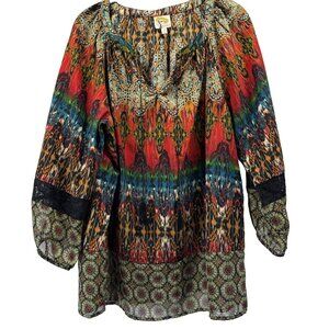 Fig & Flower Women's Top XL Colorful Artsy Bohemian Sheer Tassels Raglan Sleeves